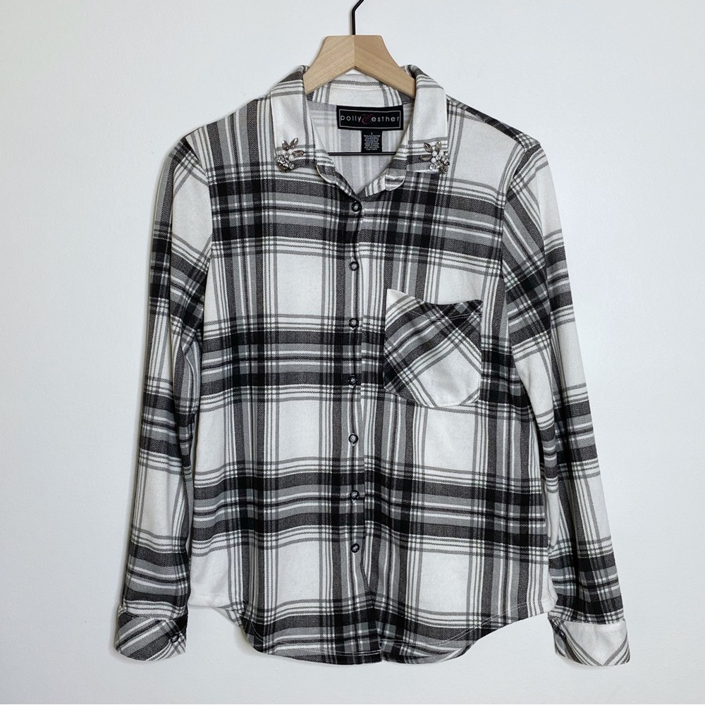 Polly & Esther Plaid Checkered Western Button Up Shirt Large Juniors